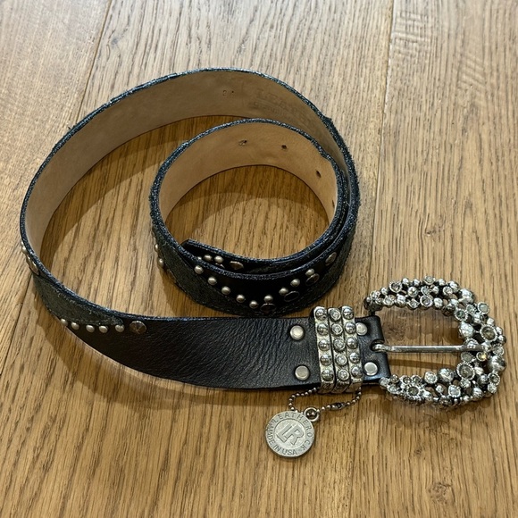 Leatherock Riveted & Studded Leather Belt with Rhinestone Buckle - Size 34 - EUC - Picture 1 of 7